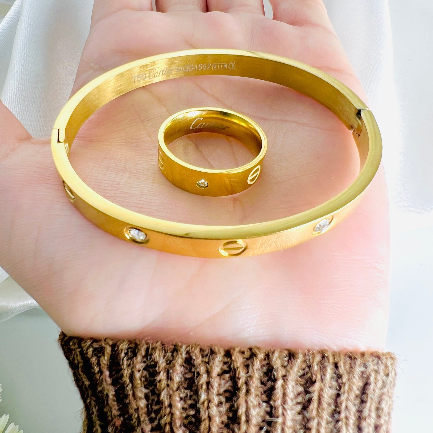 Stainless Steel Diamond Love Bangle with Ring